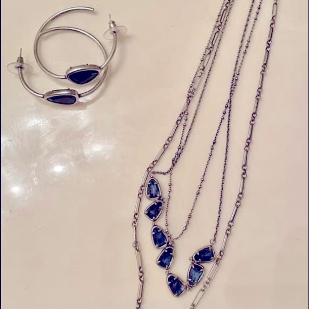 Susanna Multistrand and Margot Hoops in Navy Wood; Vintage Silver